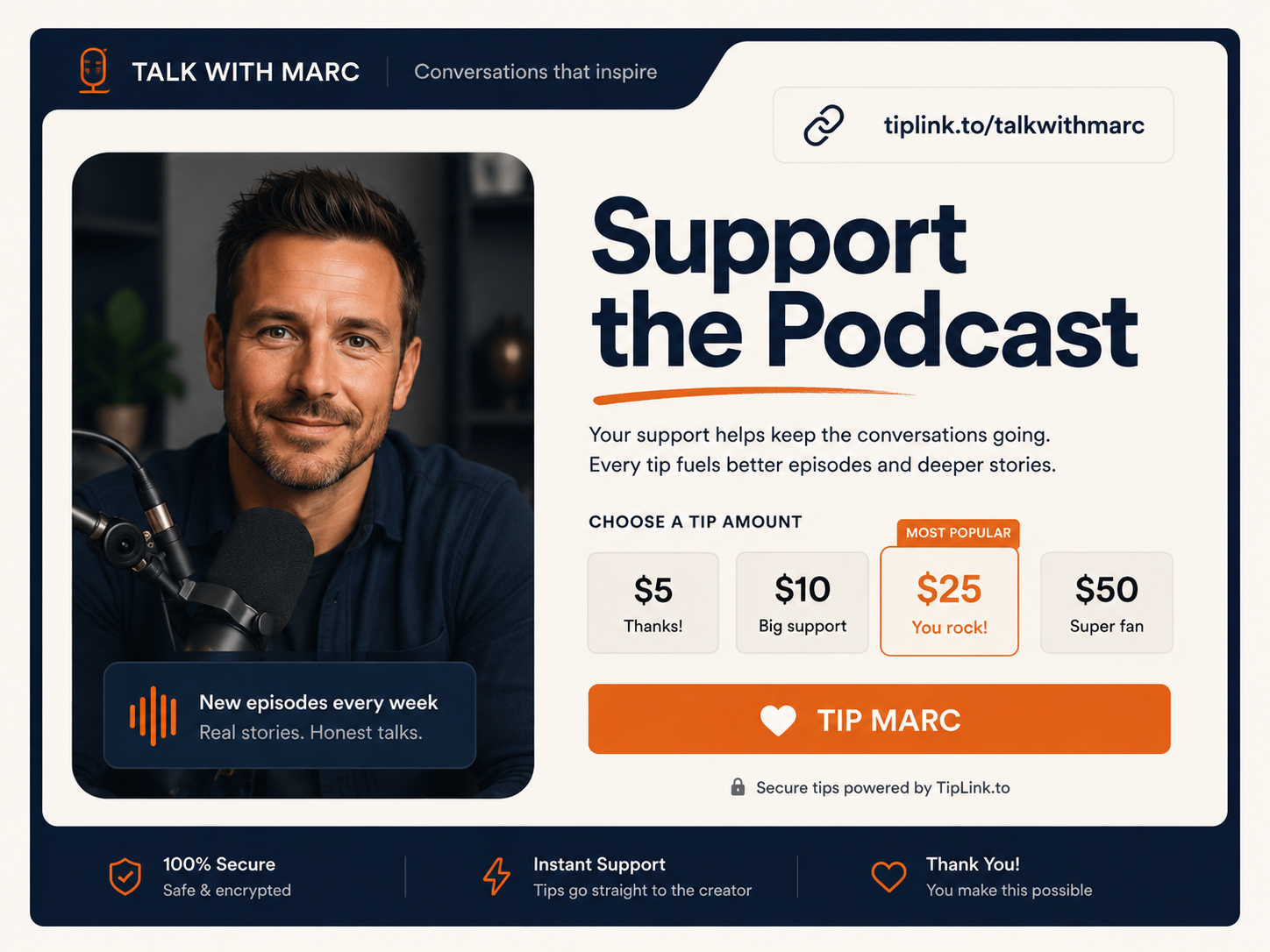 Podcast host TipLink page preview with tip buttons for supporting weekly episodes