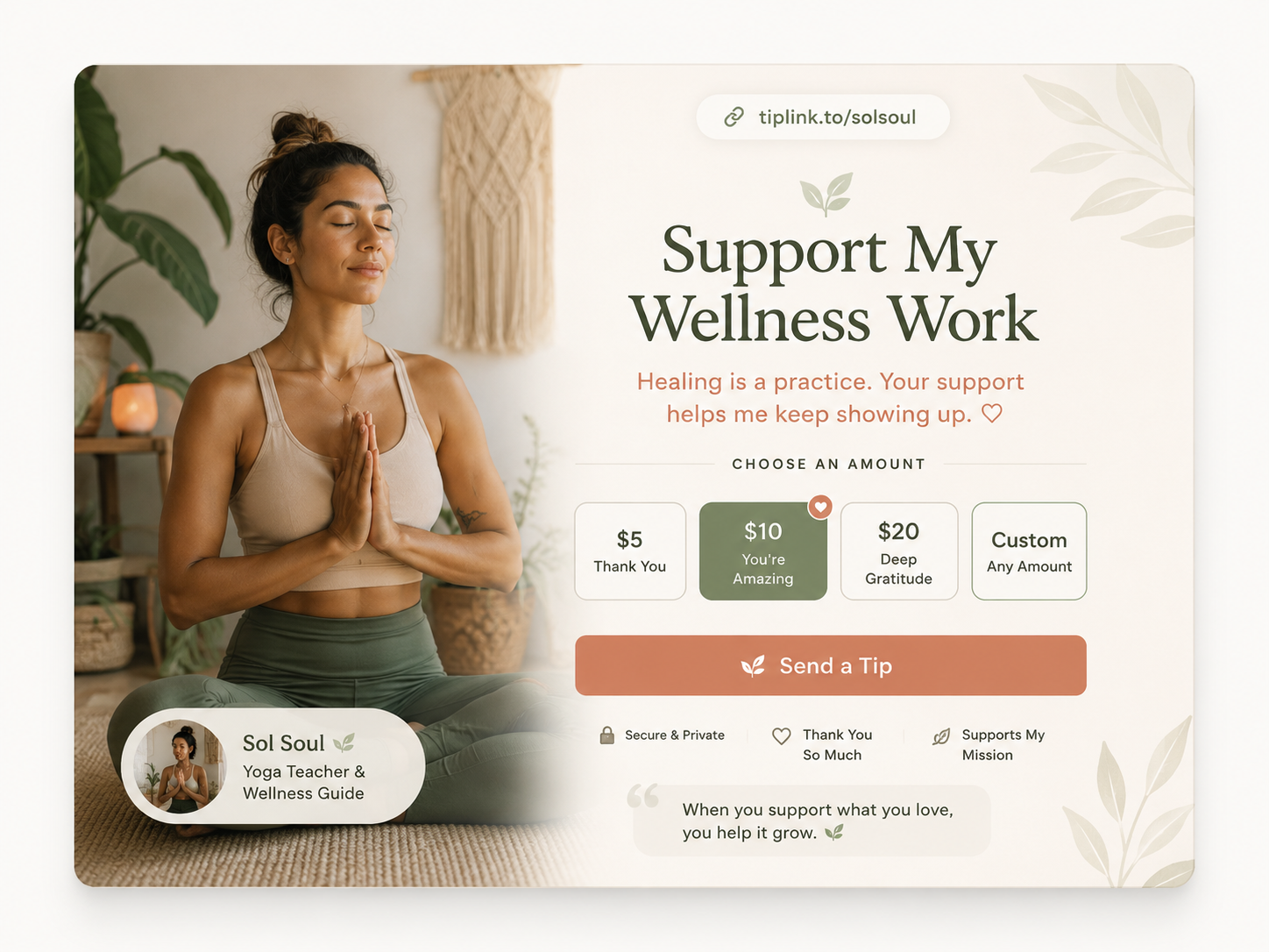 Wellness creator TipLink page preview with calm support buttons for yoga and healing work